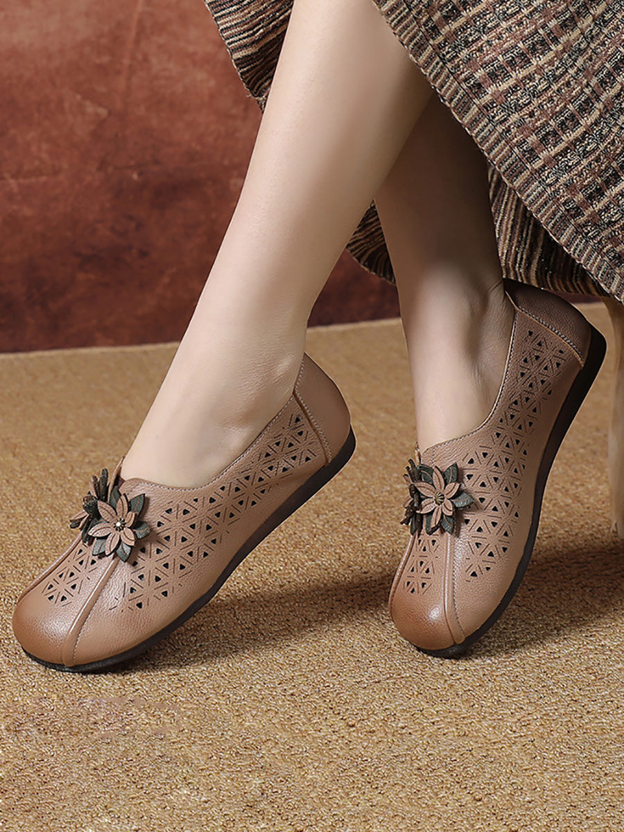 Women Vintage Leather Flower Cutout Flat Shoes KL1034 Ada Fashion