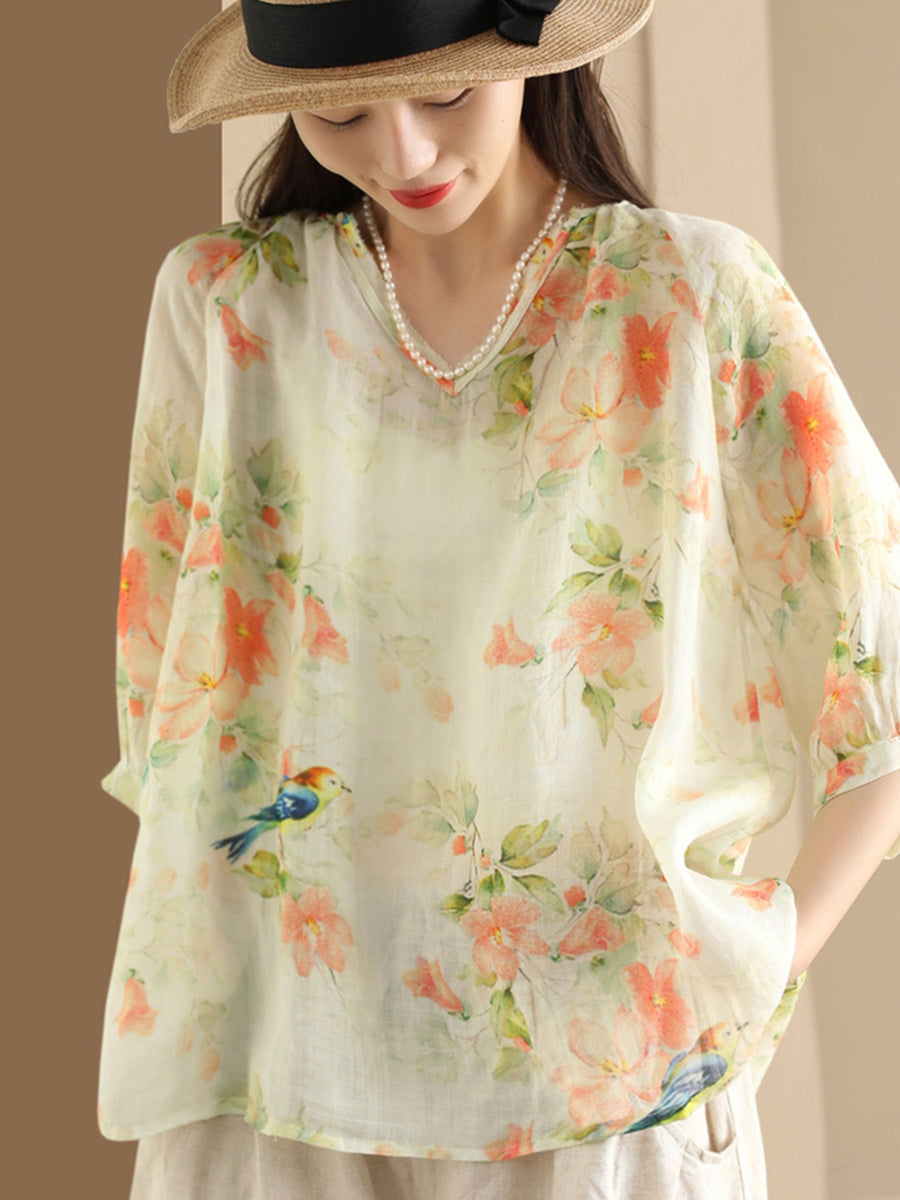 Women Summer Flower V-Neck Ramie Loose Shirt OO1035 ZMMM