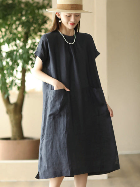 Women Summer Casual Solid Pocket O-Neck Linen Dress FD002 ZMMM