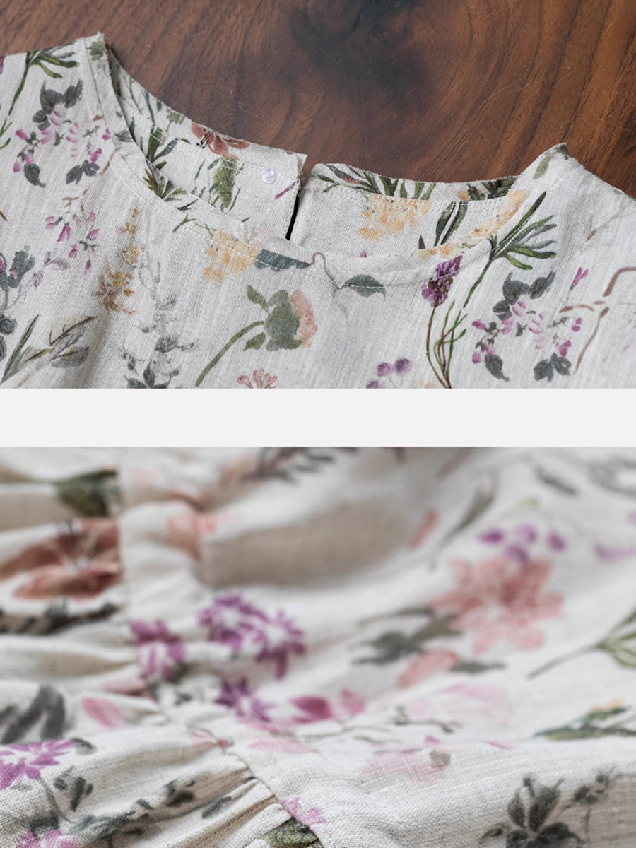 Women Artsy Floral Summer Strap Linen Loose Dress RR1016 TYFS