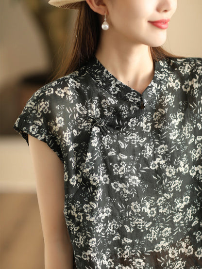 Women Summer Vintage Floral Stand Collar Ramie Shirt FD045 BUYKUD