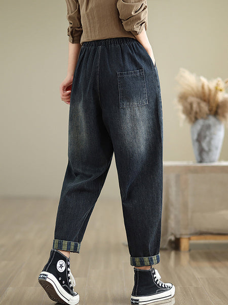 Women Autumn Spliced Casual Loose Denim Harem Pants AT1064 BUYKUD