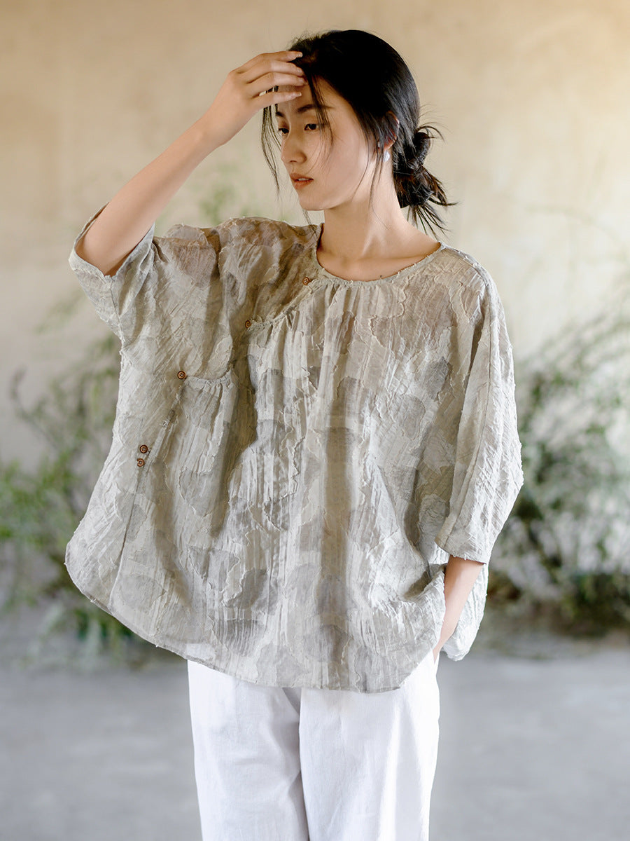 Women Summer Vintage Print O-Neck Button Loose Shirt II1009 BUYKUD