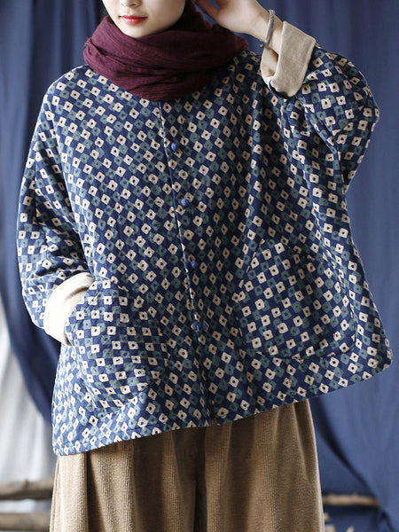 Women Artsy Retro Plaid Spliced Batwing Sleeve Coat AT1077 XIM