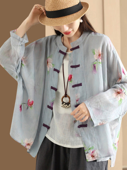 Women Summer Artsy Flower Button-Up Ramie Shirt HH016 ZMMM