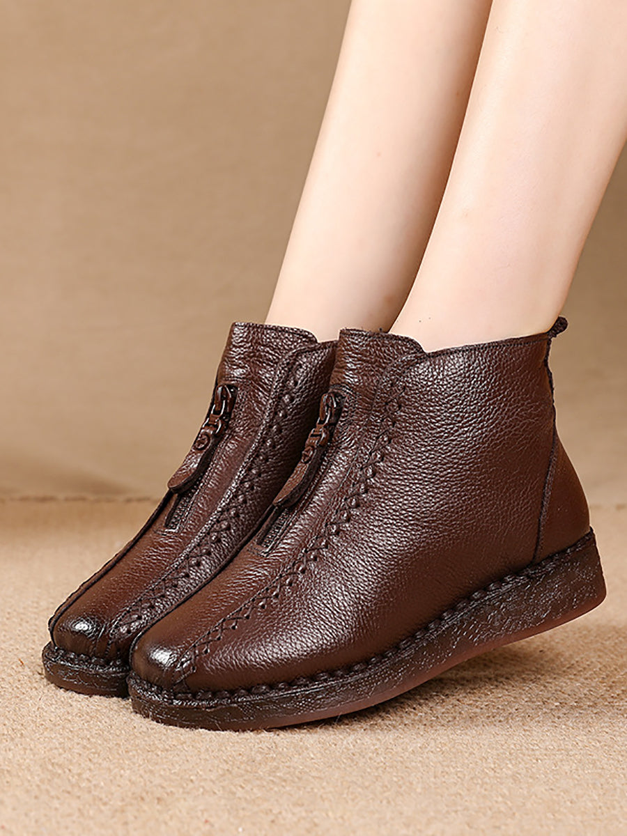 Women Winter Vintage Leather Fleece-lined Low Heel Boots AT1034 BC