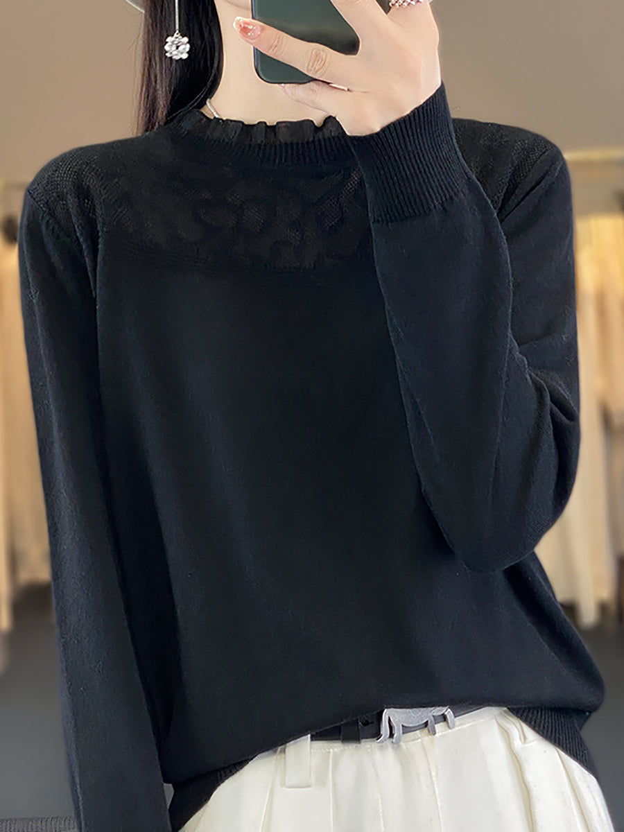Women Autumn Lacework Neck 100%Wool Loose Sweater QM020 BK