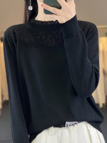 Women Autumn Lacework Neck 100%Wool Loose Sweater QM020 BK