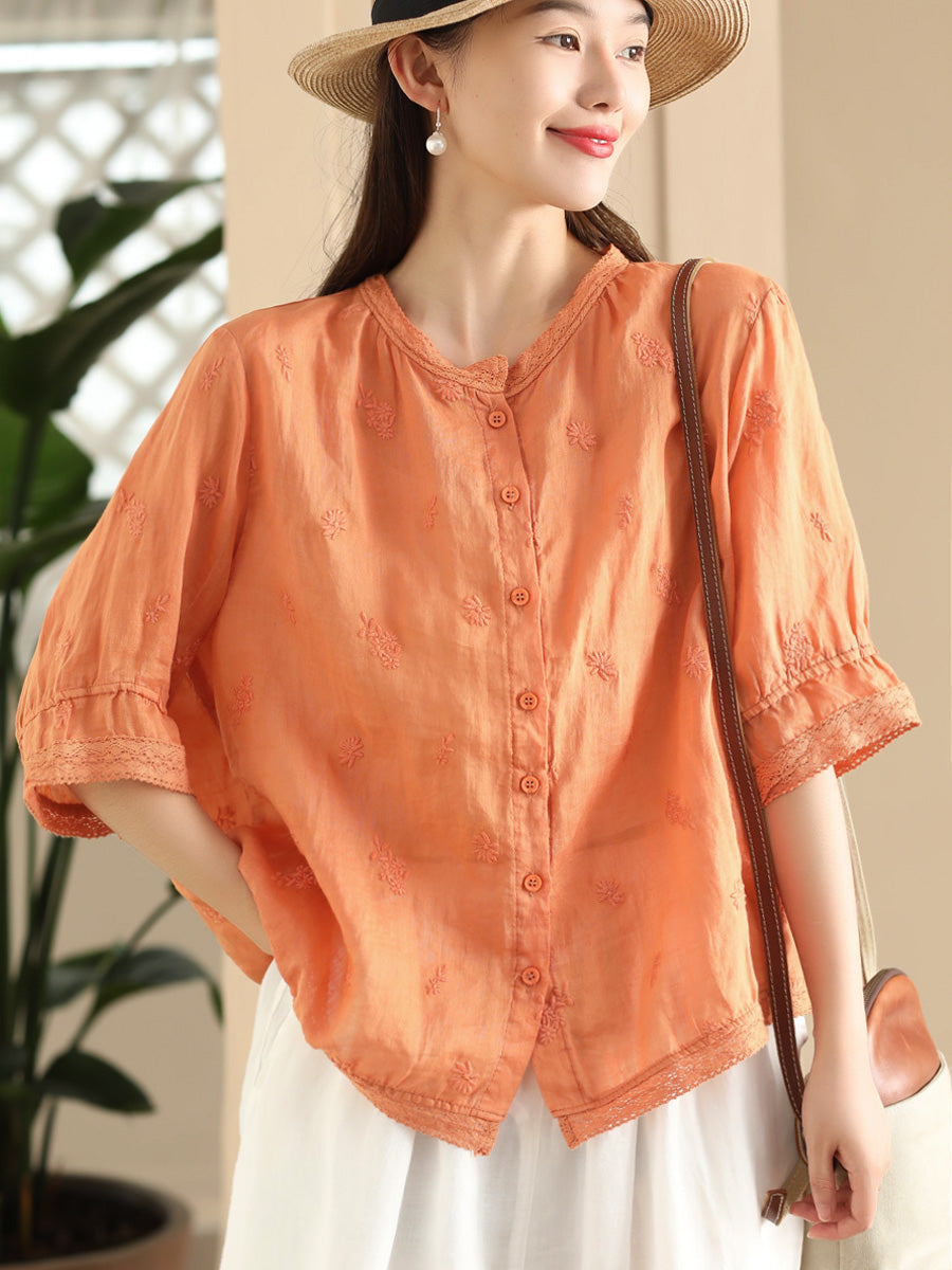 Women Summer Vintage Embroidery Button-up Ramie Shirt CX007 ZMMM