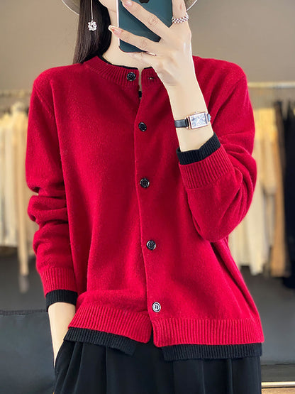 Women Autumn Colorblock Knit 100%Wool O-Neck Sweater QM006 BK