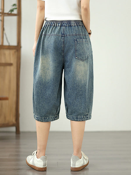 Denim Flower Retro Embroidery Fifth Women Pants Patchwork FashionChic