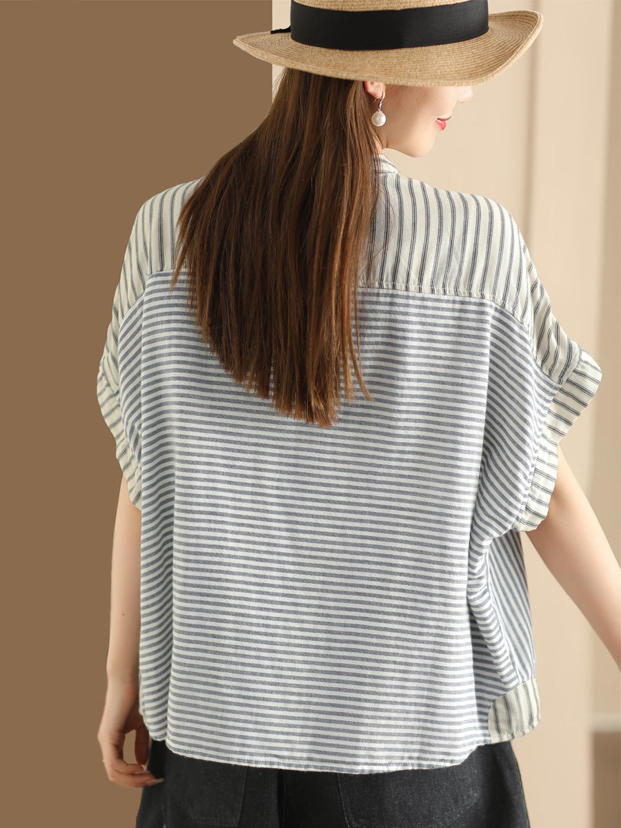 Women Summer Artsy Stripe Spliced Linen Shirt WE1039 Ada Fashion