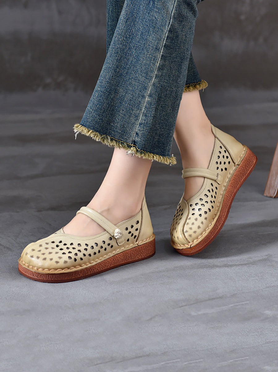 Women Summer Leather Solid Cutout Leather Flat Shoes OO1018 WZBQ