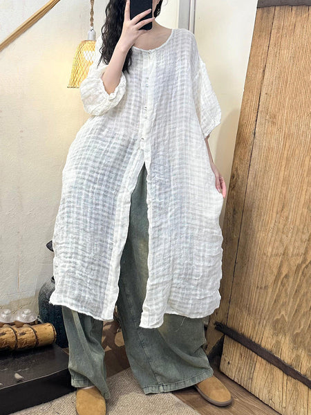 Women Retro Plaid Button-up O-Neck Linen Long Shirt CC028 GLL