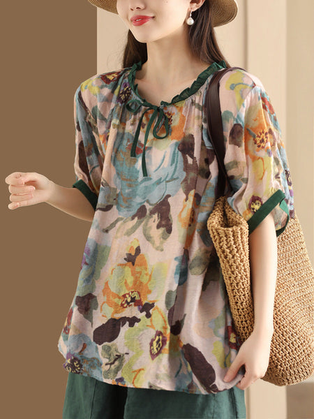 Women Summer Artsy Print Strap Loose Linen Shirt HH046 JLFZ