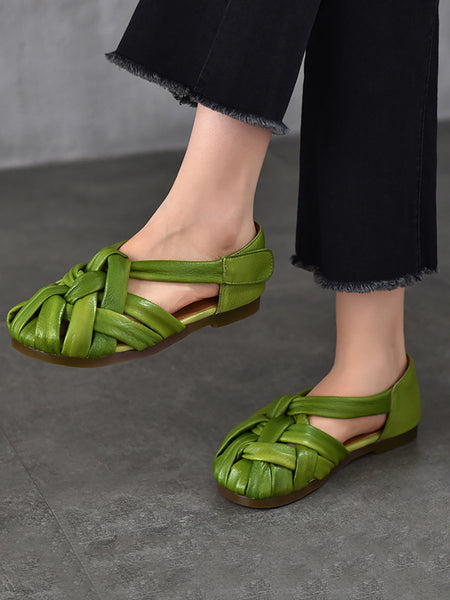 Summer Leather Flat Retro Women Weave Genuine Shoes FashionChic