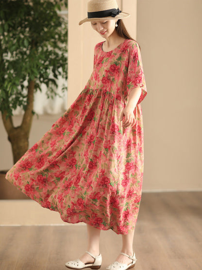 Women Summer Vintage Flower Linen Loose Dress FD043 QJH