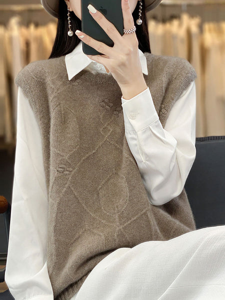 Women Casual Wool O-Neck Crochet Knit Vest AV1059 Genistyle Shop