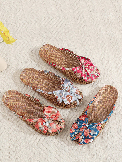 Bowknot Ethnic Weave Women Indoor Slippers Straw Flower FashionChic