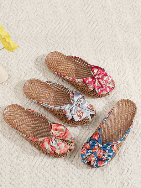 Bowknot Ethnic Weave Women Indoor Slippers Straw Flower FashionChic