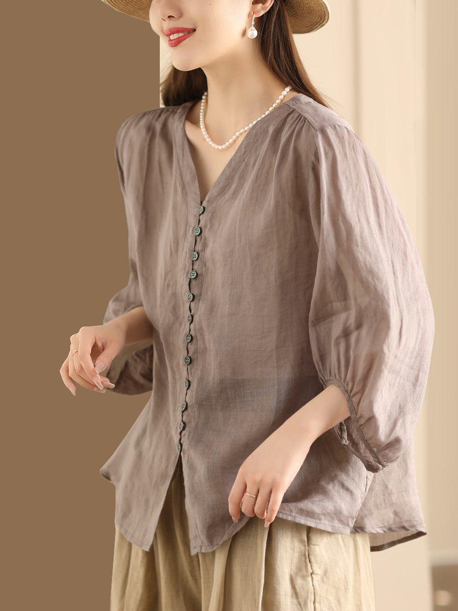 Plus Size Women Casual Summer Solid Button-up Ramie Shirt PA1038 Ada Fashion