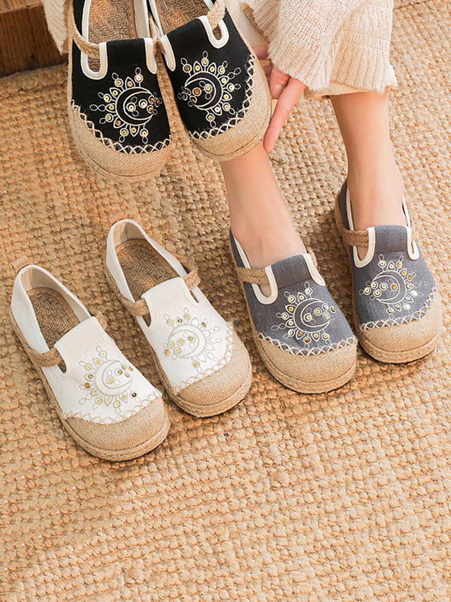 Women Vintage Summer Moon Embroidery Cloth Shoes WE1037 Ada Fashion