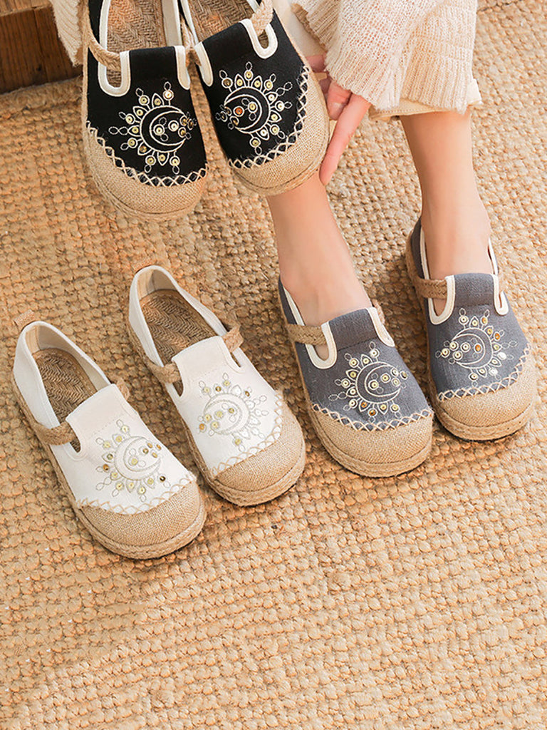 Women Vintage Summer Moon Embroidery Cloth Shoes WE1037 Ada Fashion