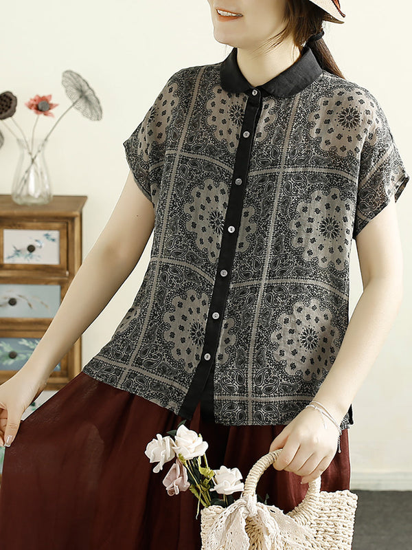 Women Summer Vintage Flower Button-up Ramie Shirt CV1054 Ada Fashion