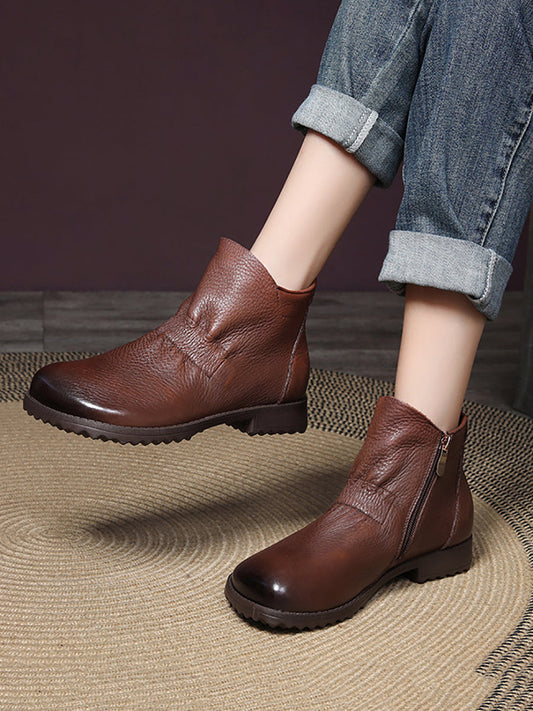 Women Vintage Genuine Leather Low Heel Boots WG003 HWJPJ