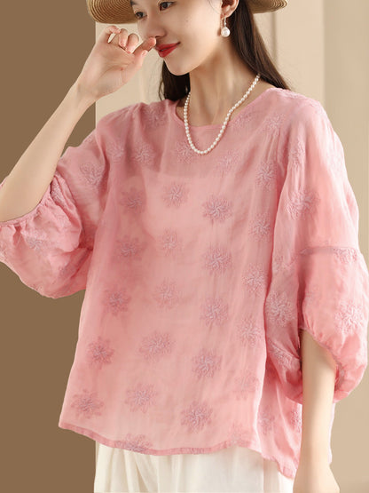 Women Summer Vintage Flower Embroidery Ramie Shirt PP1029 BUYKUD