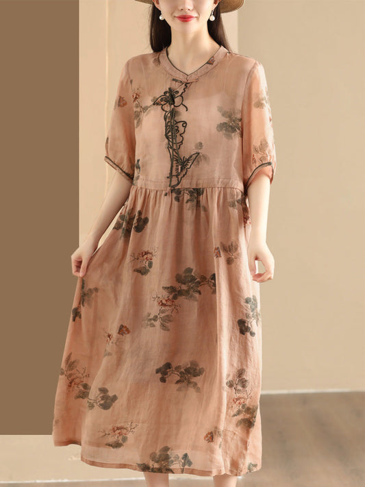 Women Summer Vintage Butterfly Embroidery Ramie Dress PP1036 MDFZ