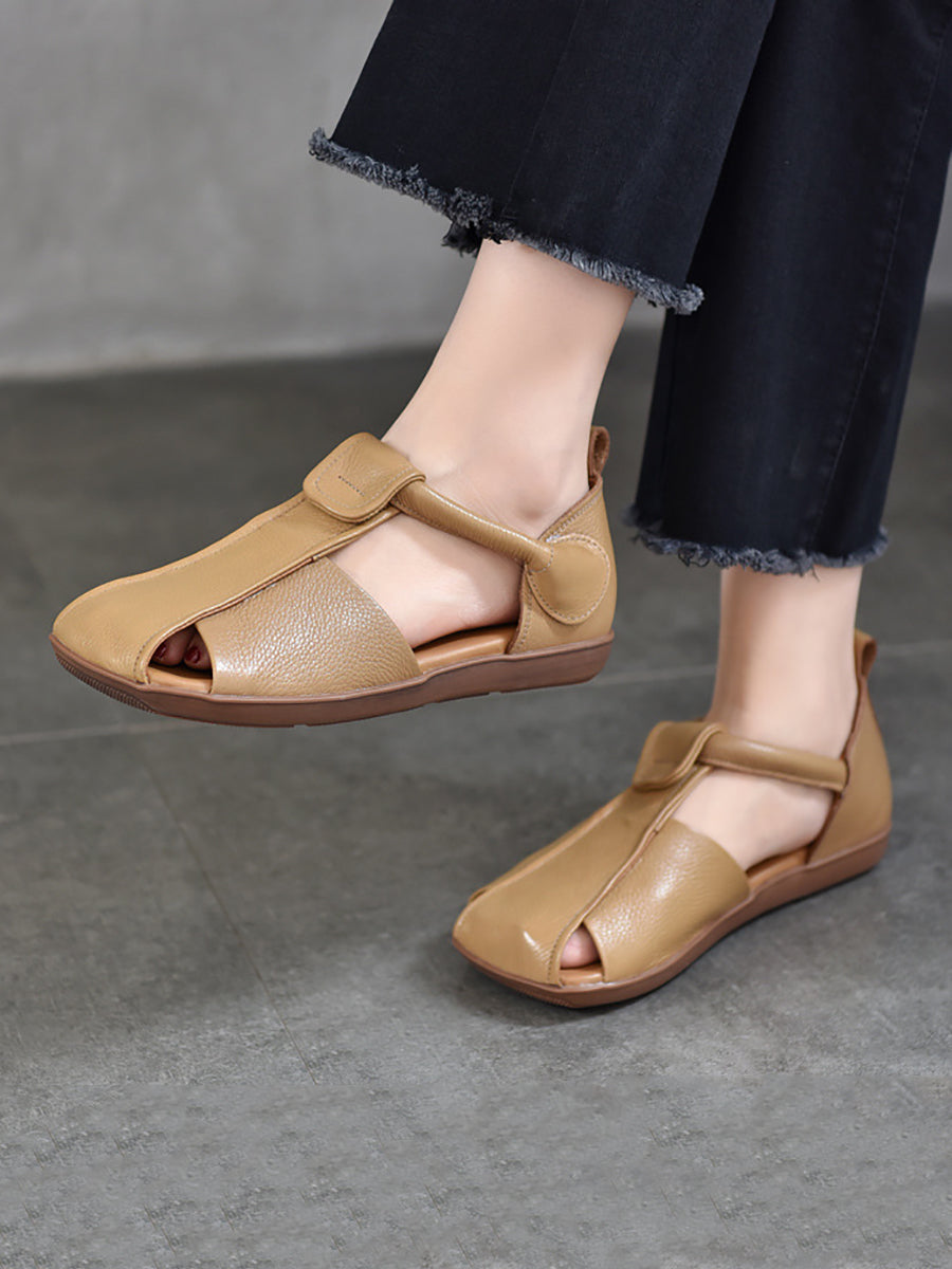 Women Summer Vintage Soft Leather Spliced Flat Sandals ZZ1027 Ada Fashion