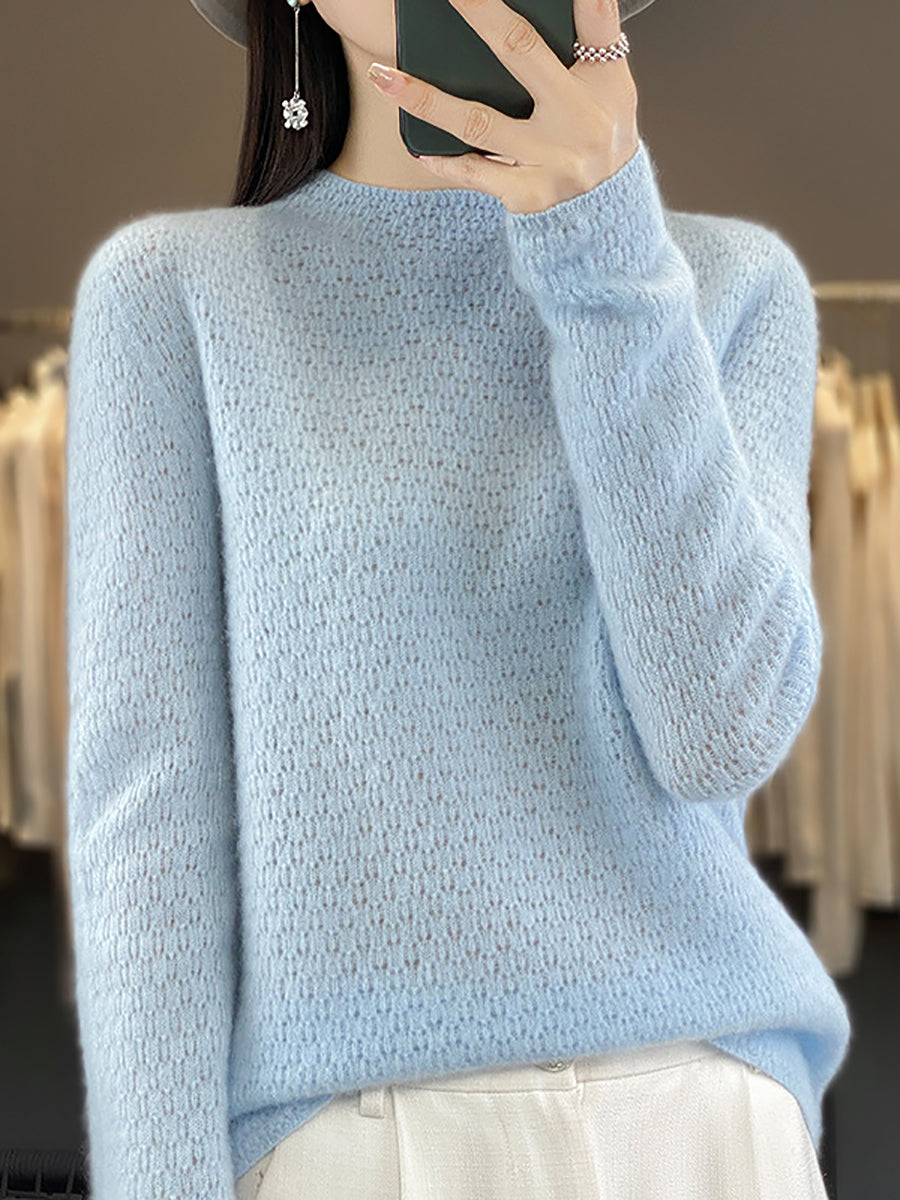 Women Autumn Casual Solid Knit 100%Wool O-Neck Sweater WU010 BK