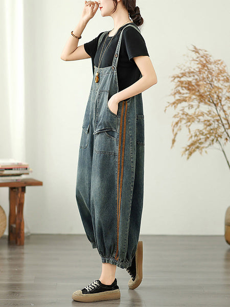 Jumpsuits Summer Worn Stripe Denim Women Loose FashionChic