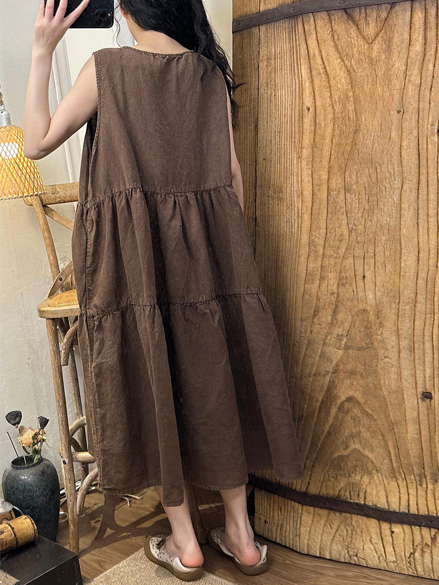 Women Summer Vintage Solid Shirred Linen Vest Dress BN1042 Ada Fashion