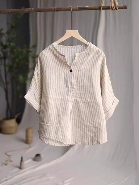 Women Casual Stripe Summer Linen V-Neck Shirt PA1001 Ada Fashion