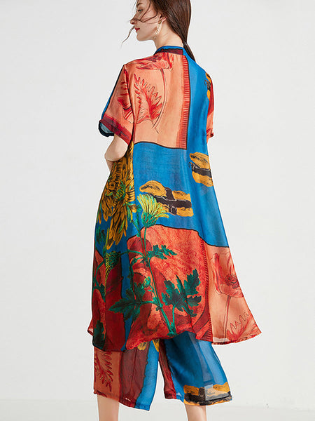 Plus Size Women Artsy Flower Spliced Long Shirt+Pants HH053 BK