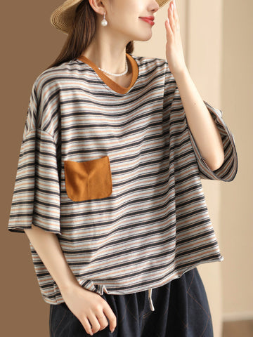Women Casual Summer Stripe Spliced Loose Shirt CO1047 Ada Fashion
