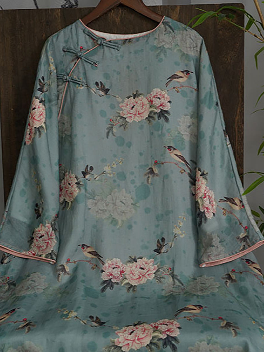 Women Autumn Vintage Flower Ramie Blue  Robe Dress AX1004 Genistyle Shop