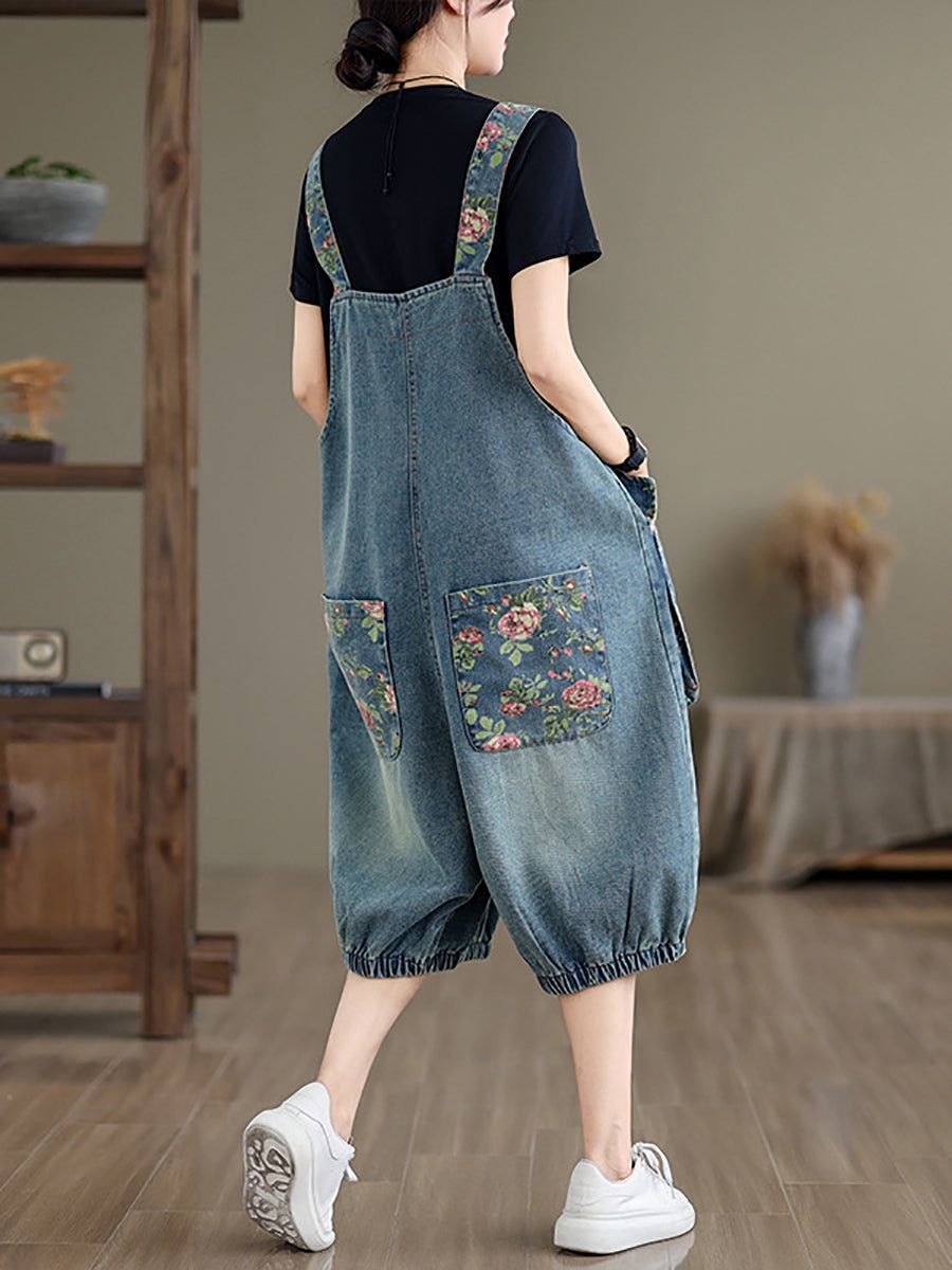 Women Summer Retro Flower Spliced Denim Jumpsuits BN1030 Ada Fashion