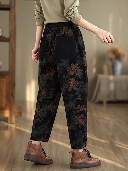 Women Autumn Vintage Flower Cotton Harem Pants AI1038 BUYKUD