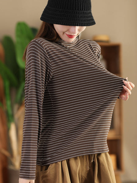 Women Autumn Casual Stripe Half Turtleneck Blouse AI1064 ZMMM