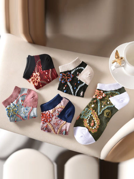 5 Pairs Women Summer Flower Jacquard Short Socks CO1040 Ada Fashion