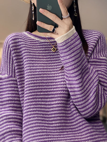 Women Autumn Casual Stripe O-Neck Wool Knit Sweater AT1012 BUYKUD