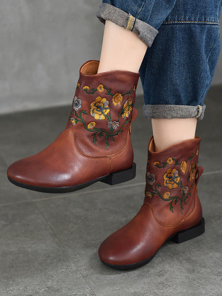 Women Vintage Flower Embroidery Leather Low Heel Boots AX1050 Genistyle Shop