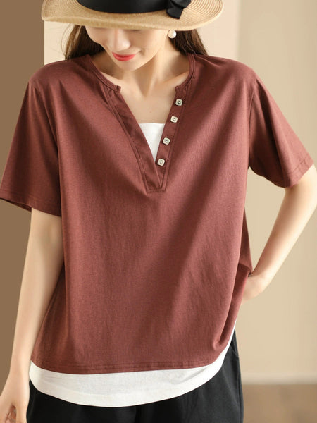 Women Casual Colorblock Pullover V-Neck Cotton Shirt AS1001 Ada Fashion