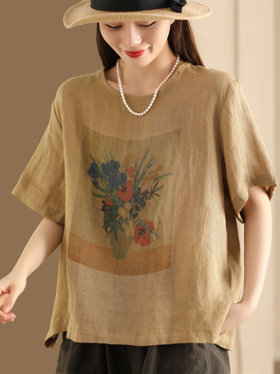 Women Summer Casual Flower Linen Pullover Shirt TY1022 Ada Fashion