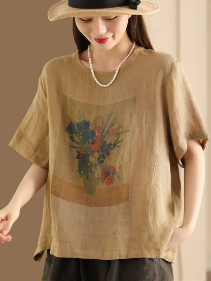 Women Summer Casual Flower Linen Pullover Shirt TY1022 Ada Fashion