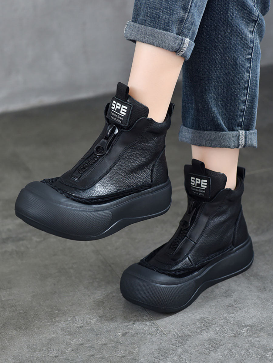 Women Vintage Vintage Leather Zipper Platform Boots BA1029 Genistyle Shop