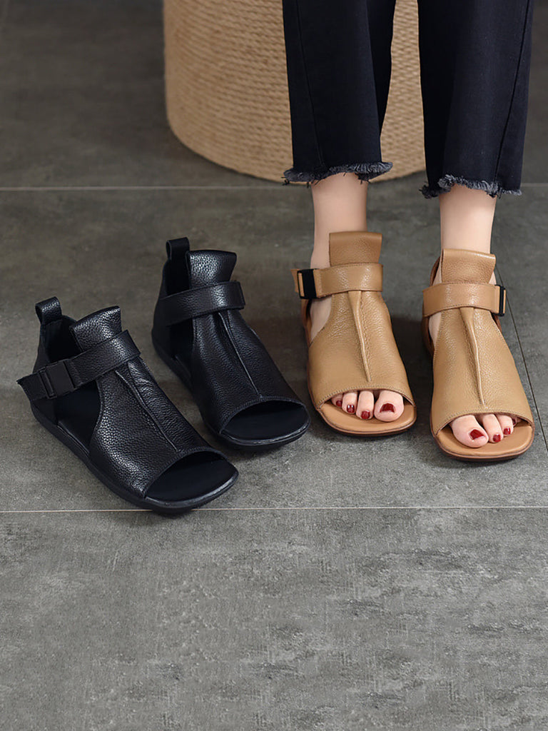 Women Summer Solid Leather Open-toe Flat Shoes UI1023 Ada Fashion